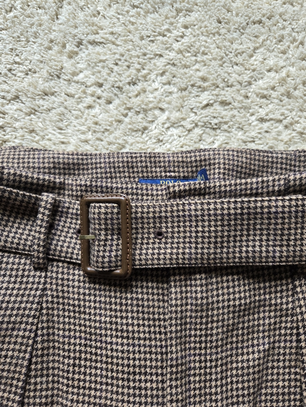 Polo Ralph Lauren Wool Blend Wide Leg Pants Womens 14 Brown Houdstooth Belted - Picture 2 of 12
